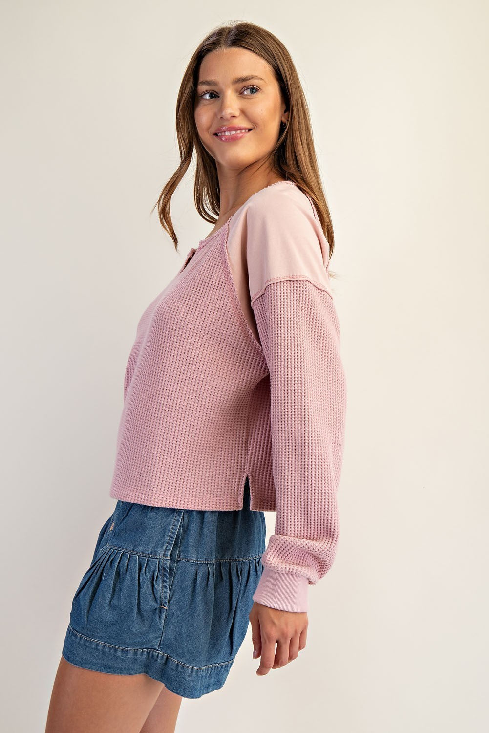 Snow Wash Thermal Knit Notched Long Sleeve Top