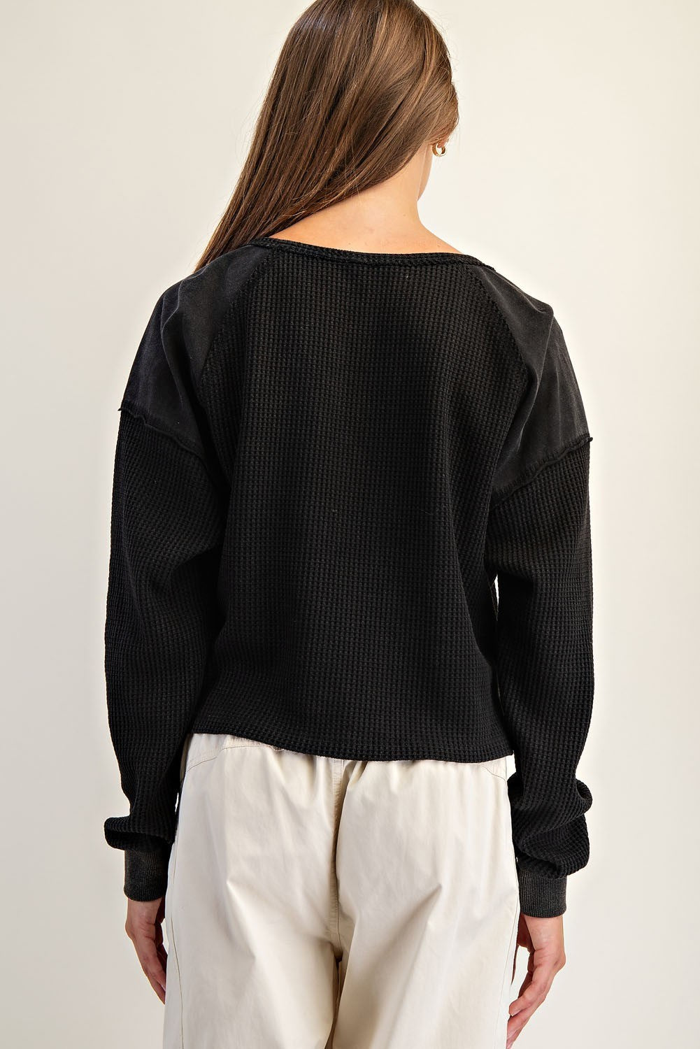 Snow Wash Thermal Knit Notched Long Sleeve Top
