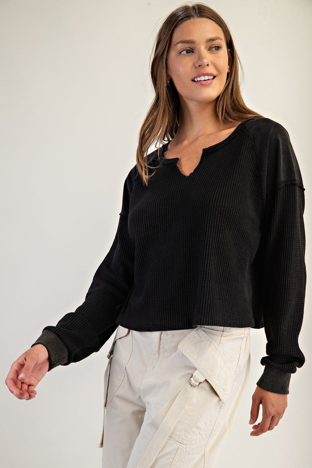 Snow Wash Thermal Knit Notched Long Sleeve Top