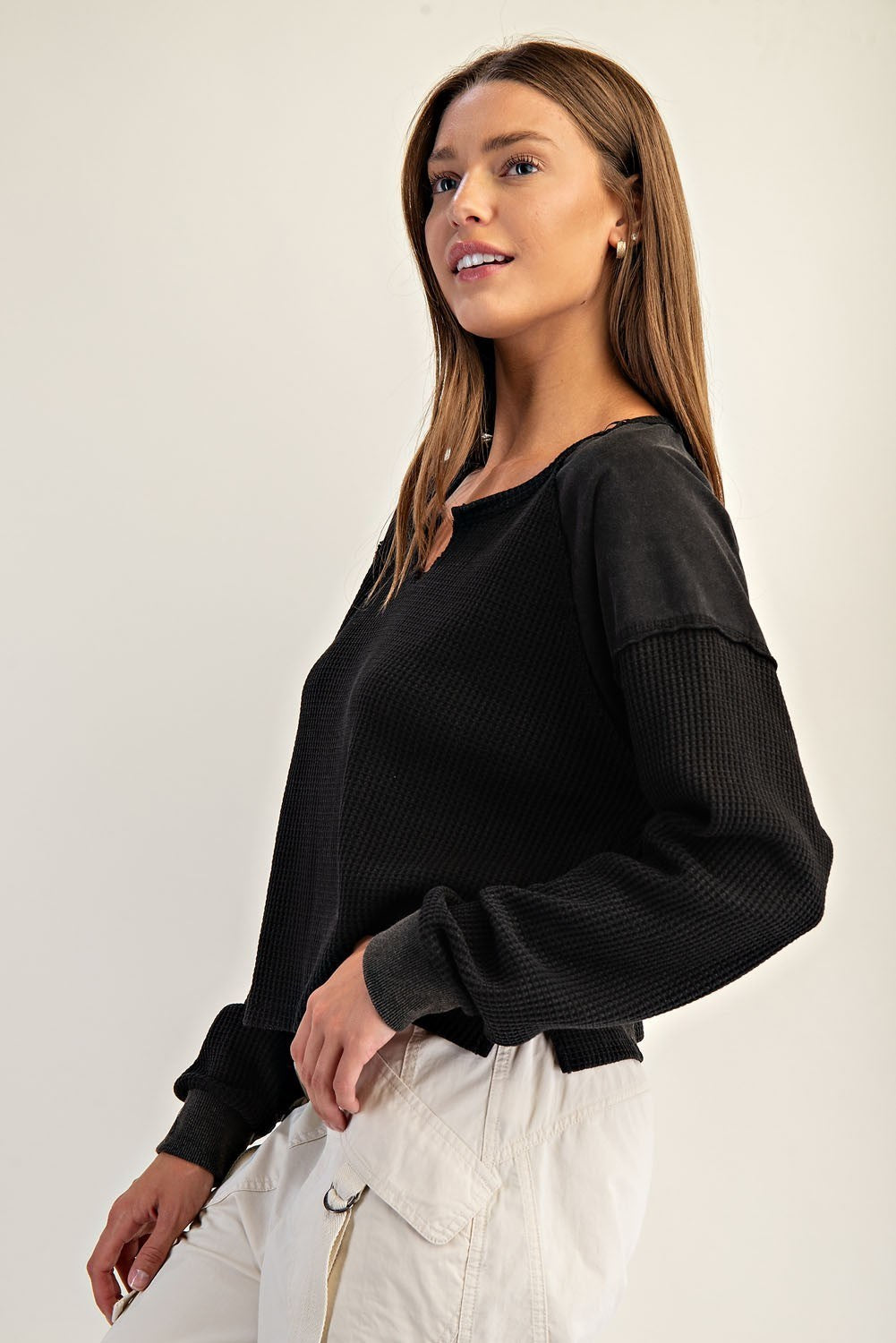Snow Wash Thermal Knit Notched Long Sleeve Top