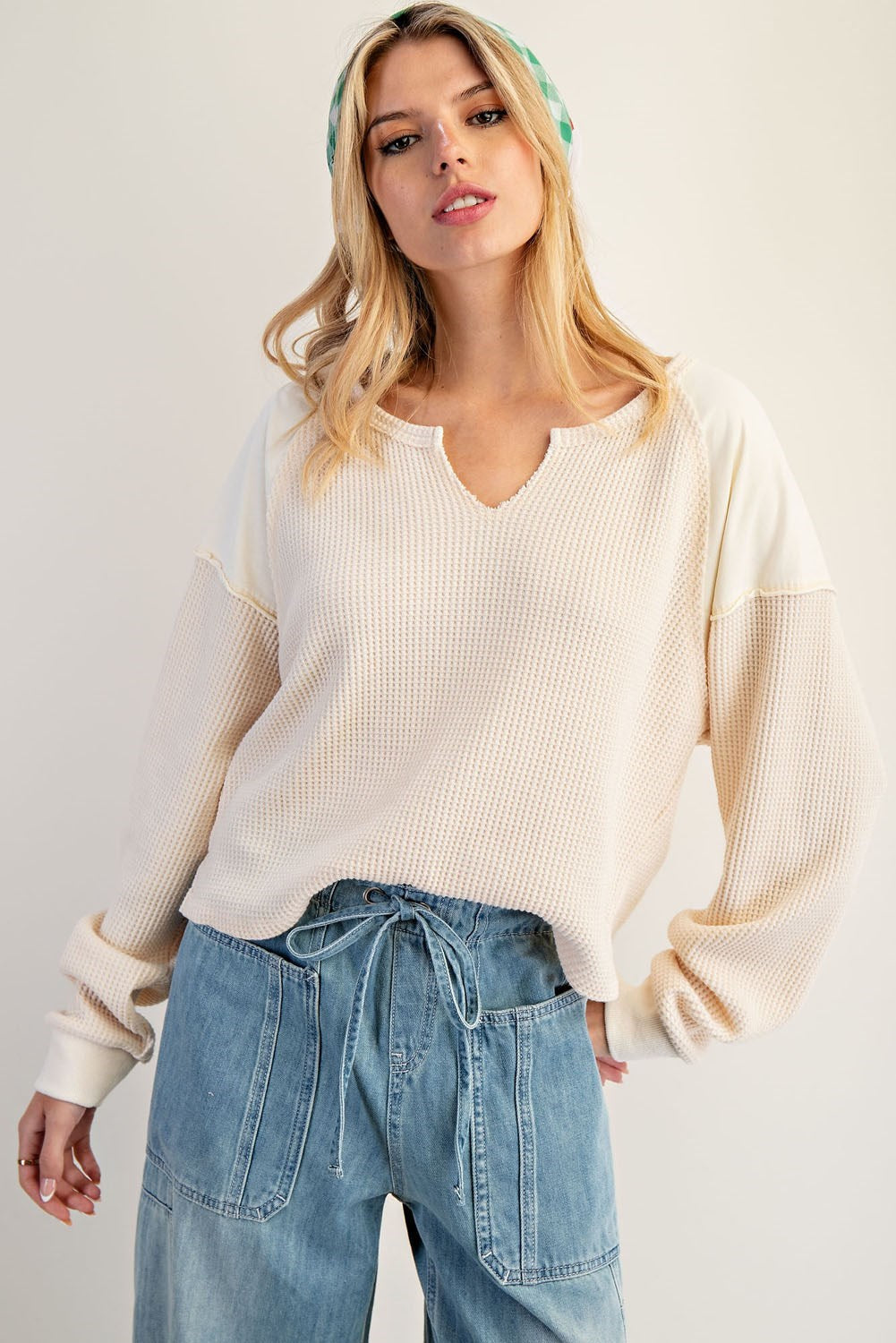 Snow Wash Thermal Knit Notched Long Sleeve Top