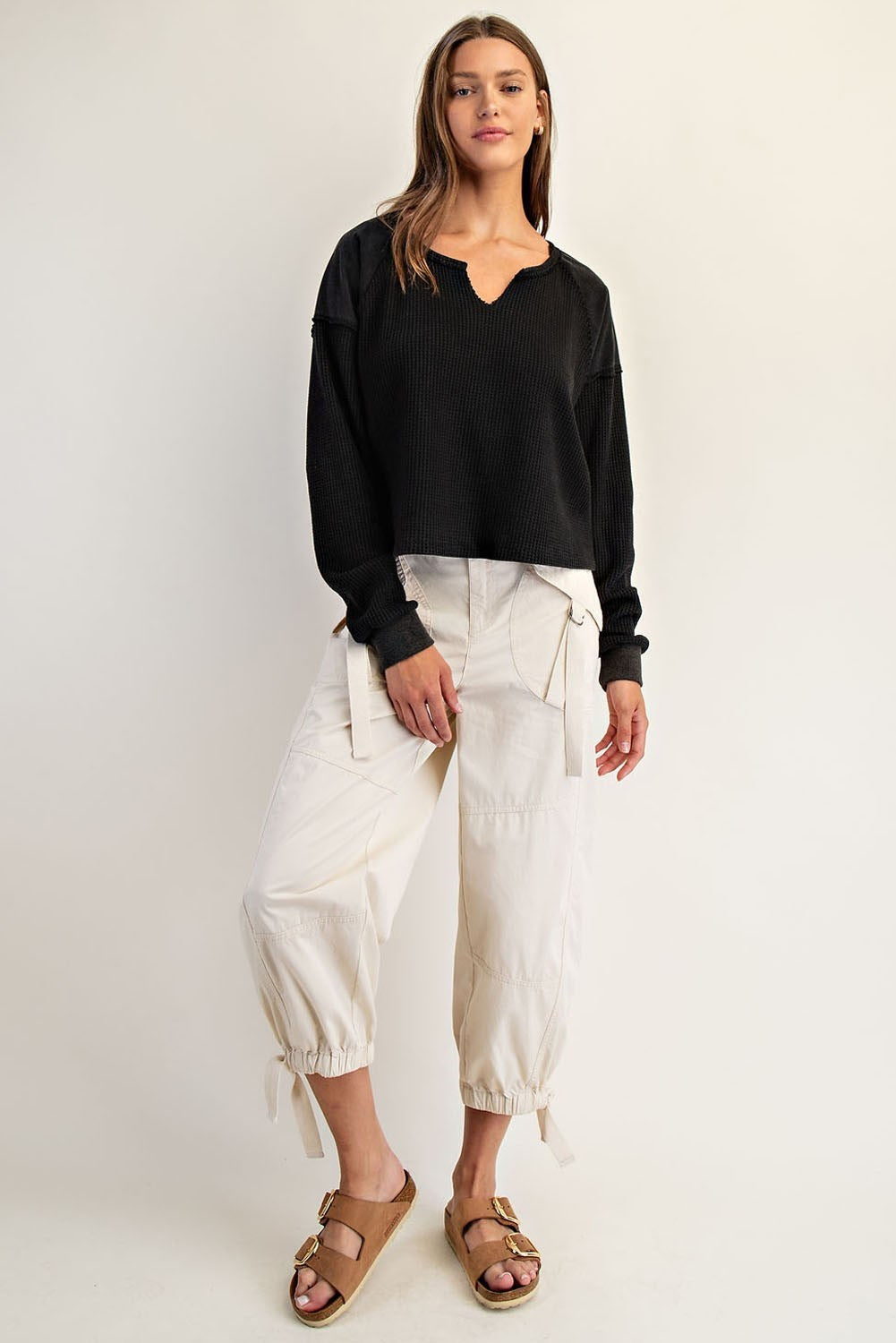 Snow Wash Thermal Knit Notched Long Sleeve Top