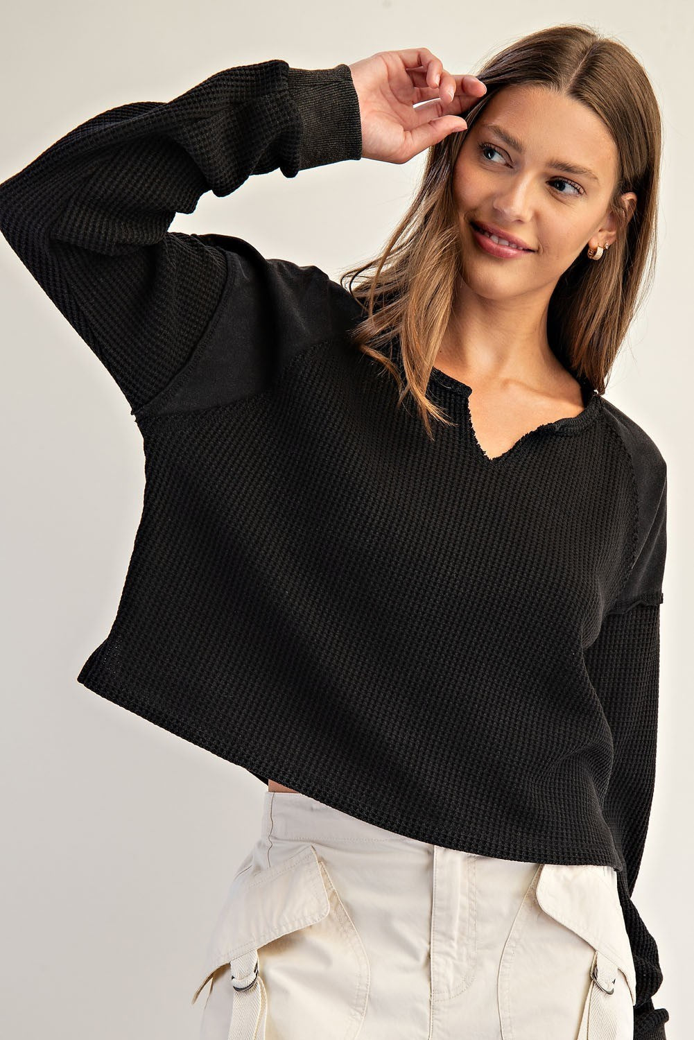 Snow Wash Thermal Knit Notched Long Sleeve Top