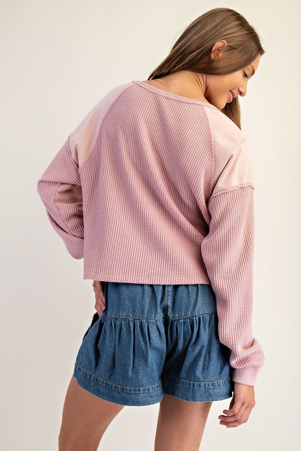 Snow Wash Thermal Knit Notched Long Sleeve Top