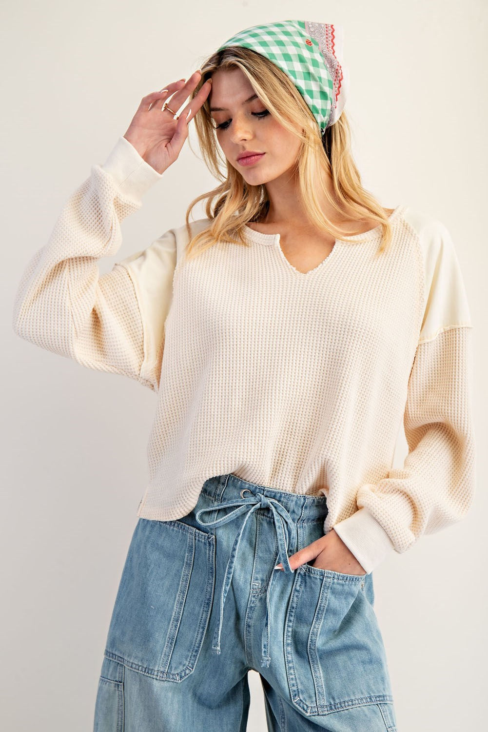 Snow Wash Thermal Knit Notched Long Sleeve Top