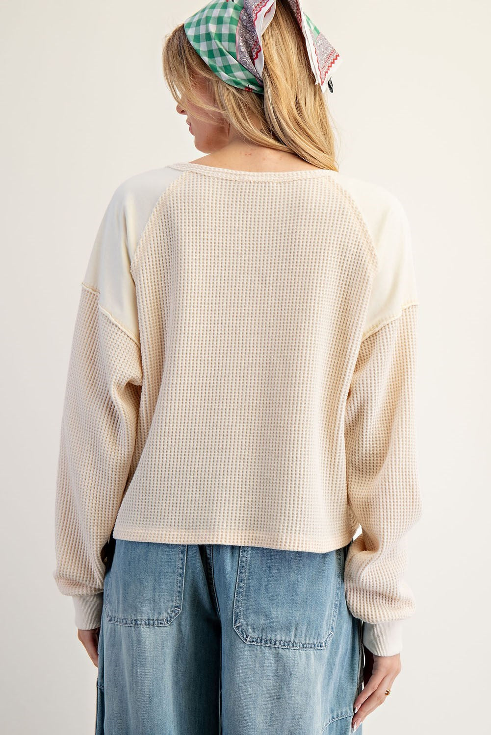Snow Wash Thermal Knit Notched Long Sleeve Top