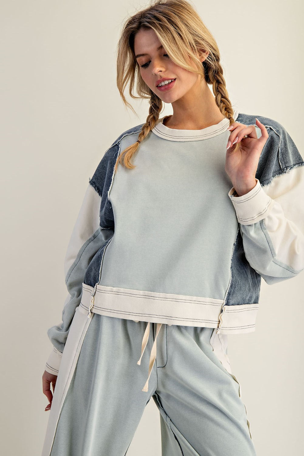 Frayed Color Block Long Sleeve Pullover