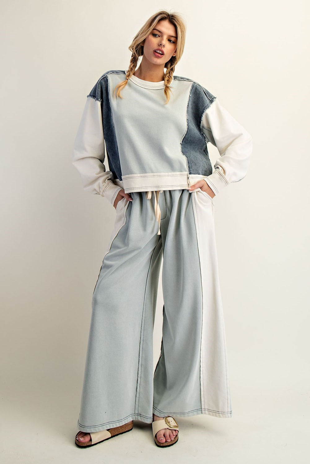 Frayed Color Block Long Sleeve Pullover
