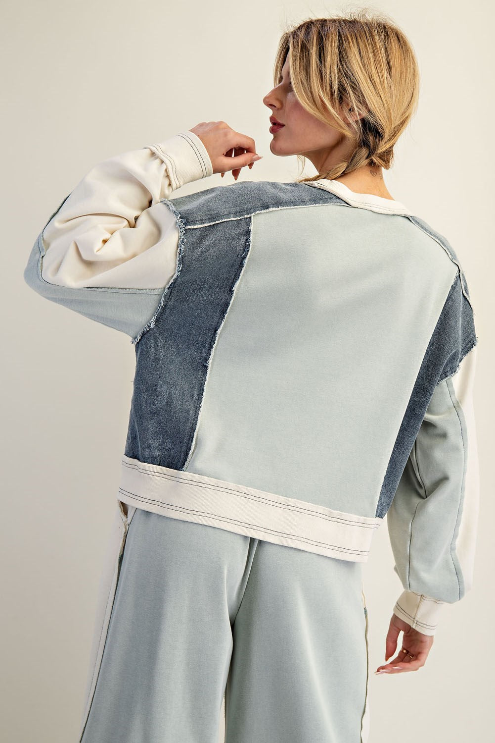 Frayed Color Block Long Sleeve Pullover