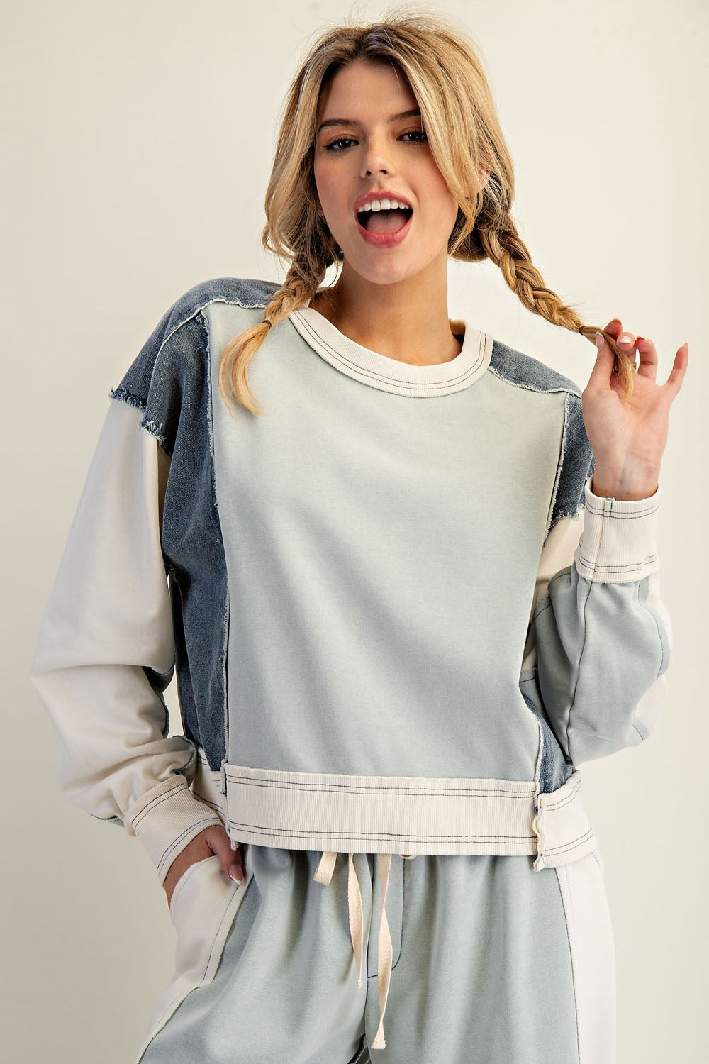 Frayed Color Block Long Sleeve Pullover