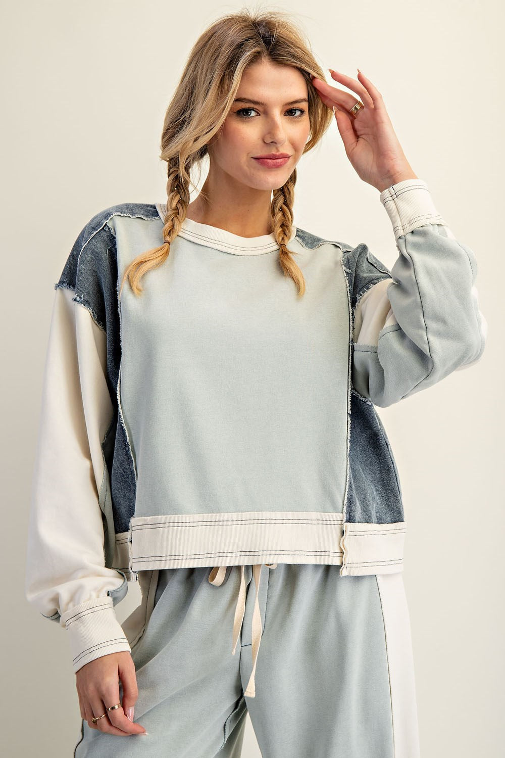 Frayed Color Block Long Sleeve Pullover