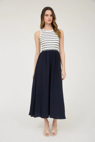 Stripe Tank Sleeveless Mixed Media Midi Dress
