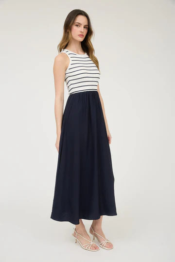 Stripe Tank Sleeveless Mixed Media Midi Dress