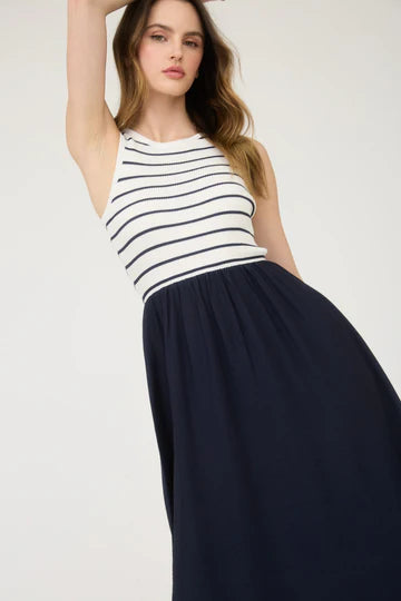 Stripe Tank Sleeveless Mixed Media Midi Dress