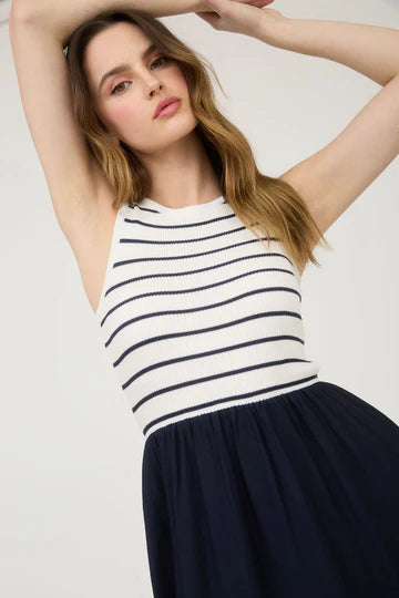 Stripe Tank Sleeveless Mixed Media Midi Dress