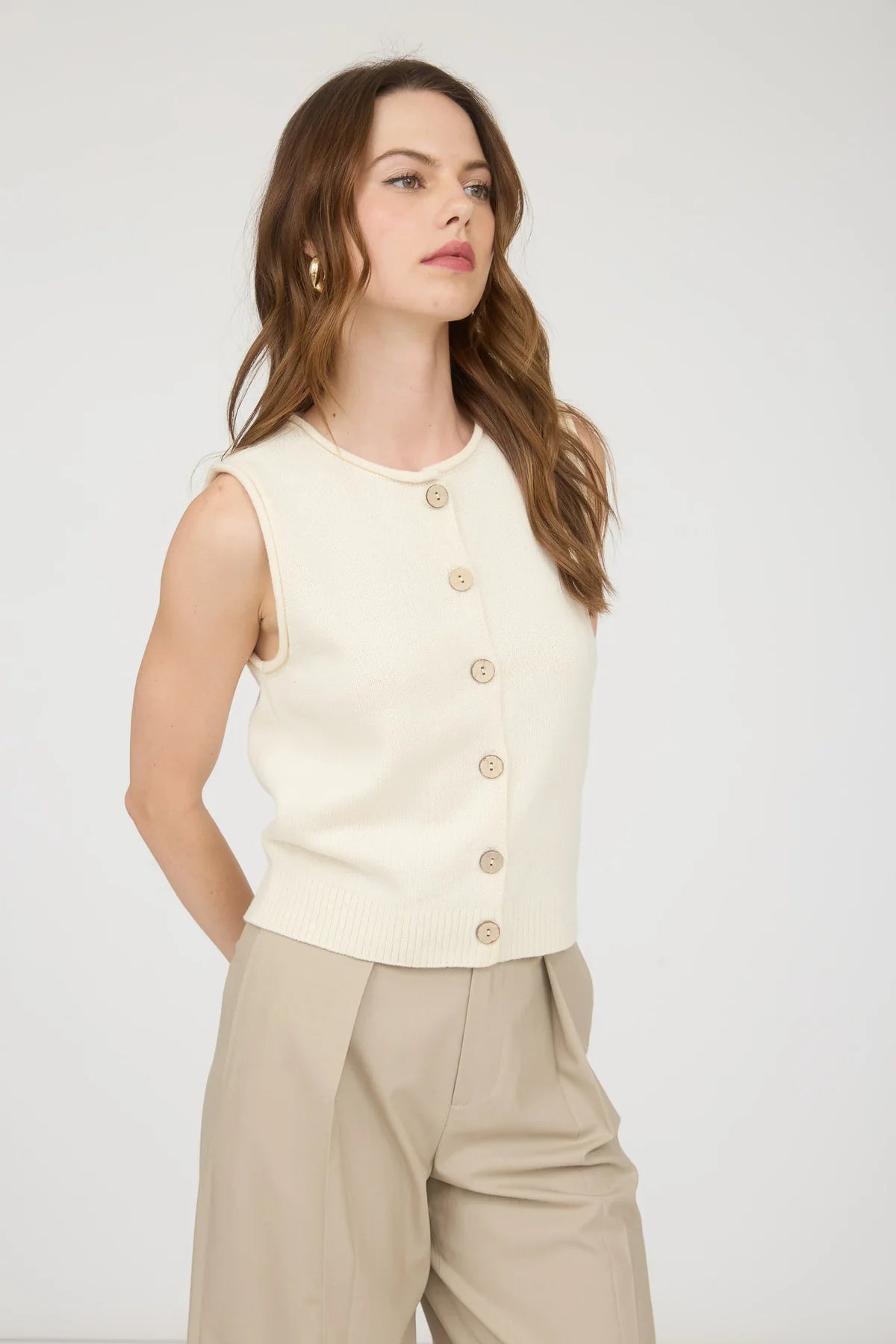 Raw Edge Button Down Knit Cardigan Vest Top