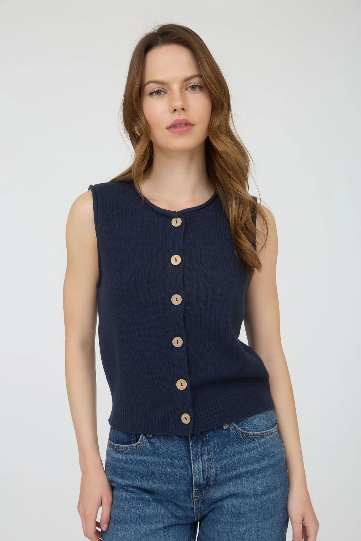 Raw Edge Button Down Knit Cardigan Vest Top