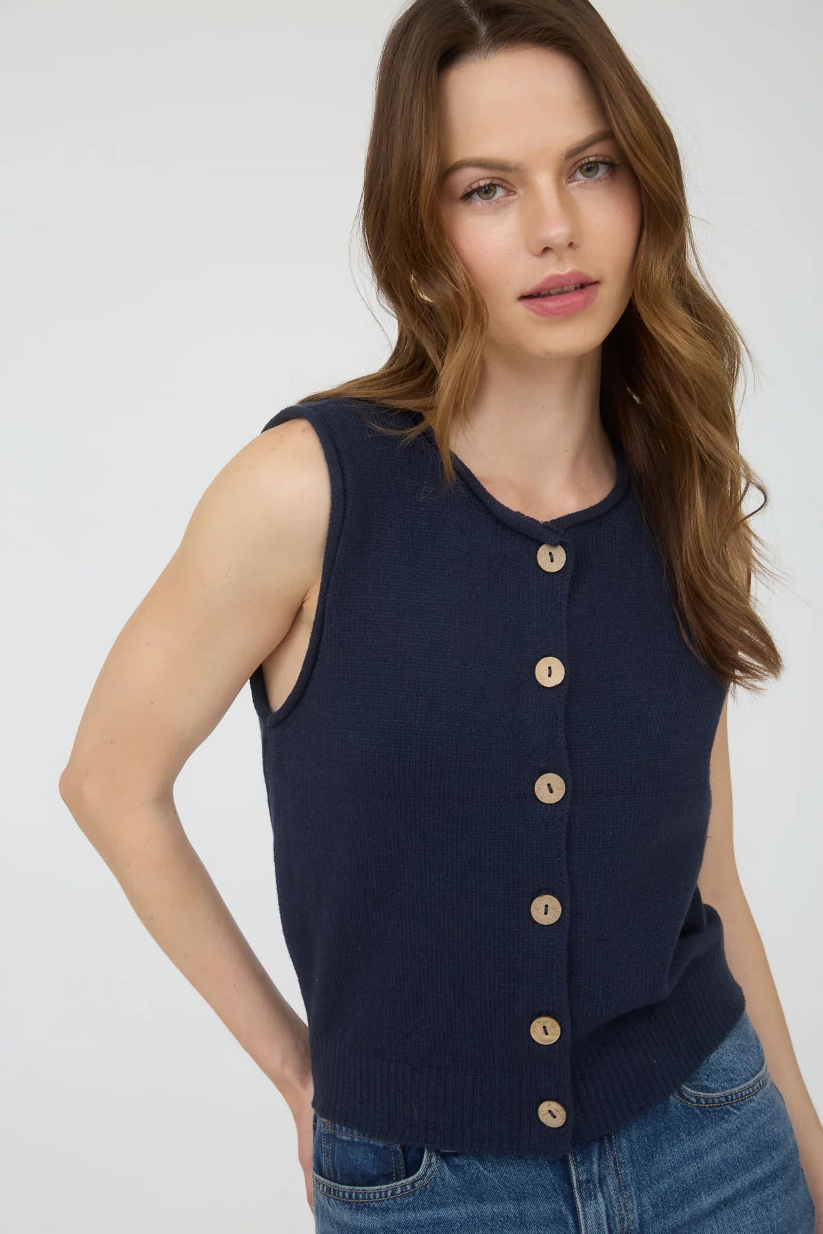 Raw Edge Button Down Knit Cardigan Vest Top
