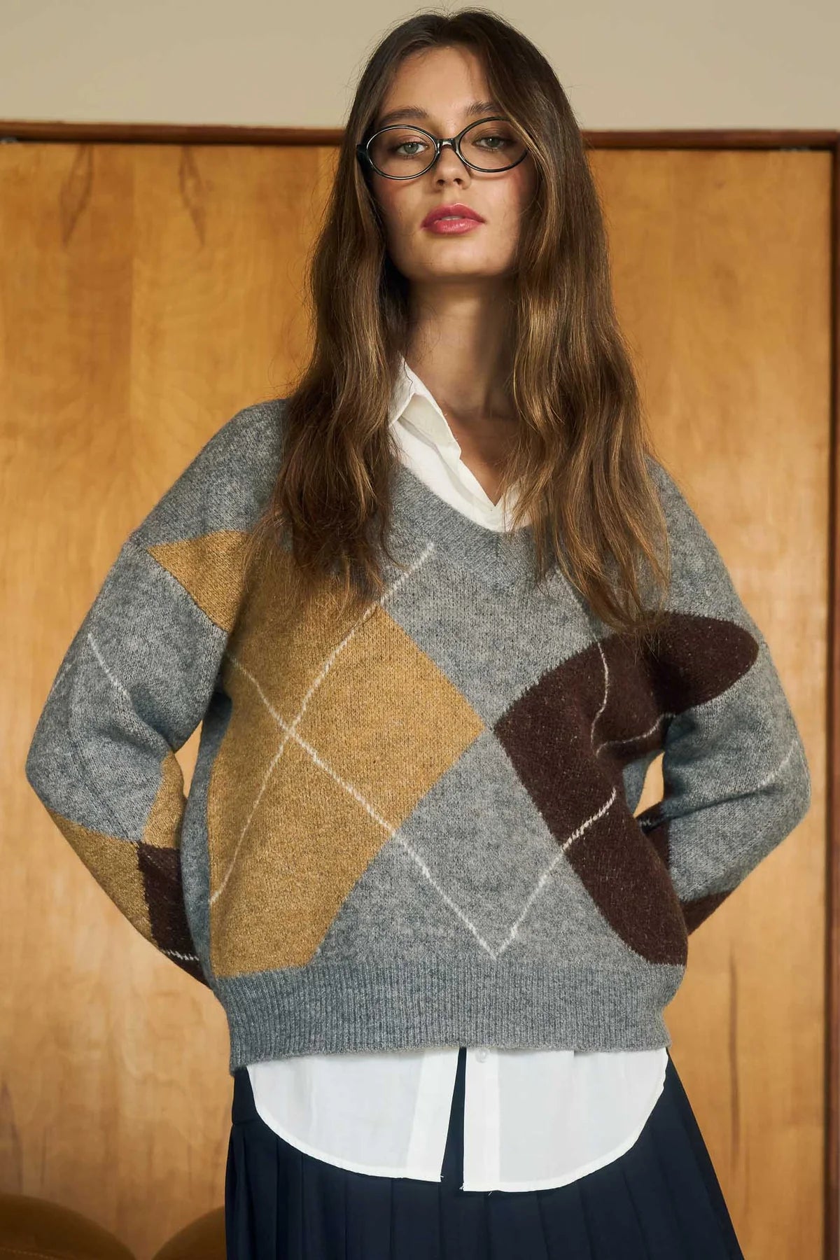 Argyle V Neck Long Sleeve Pullover Sweater