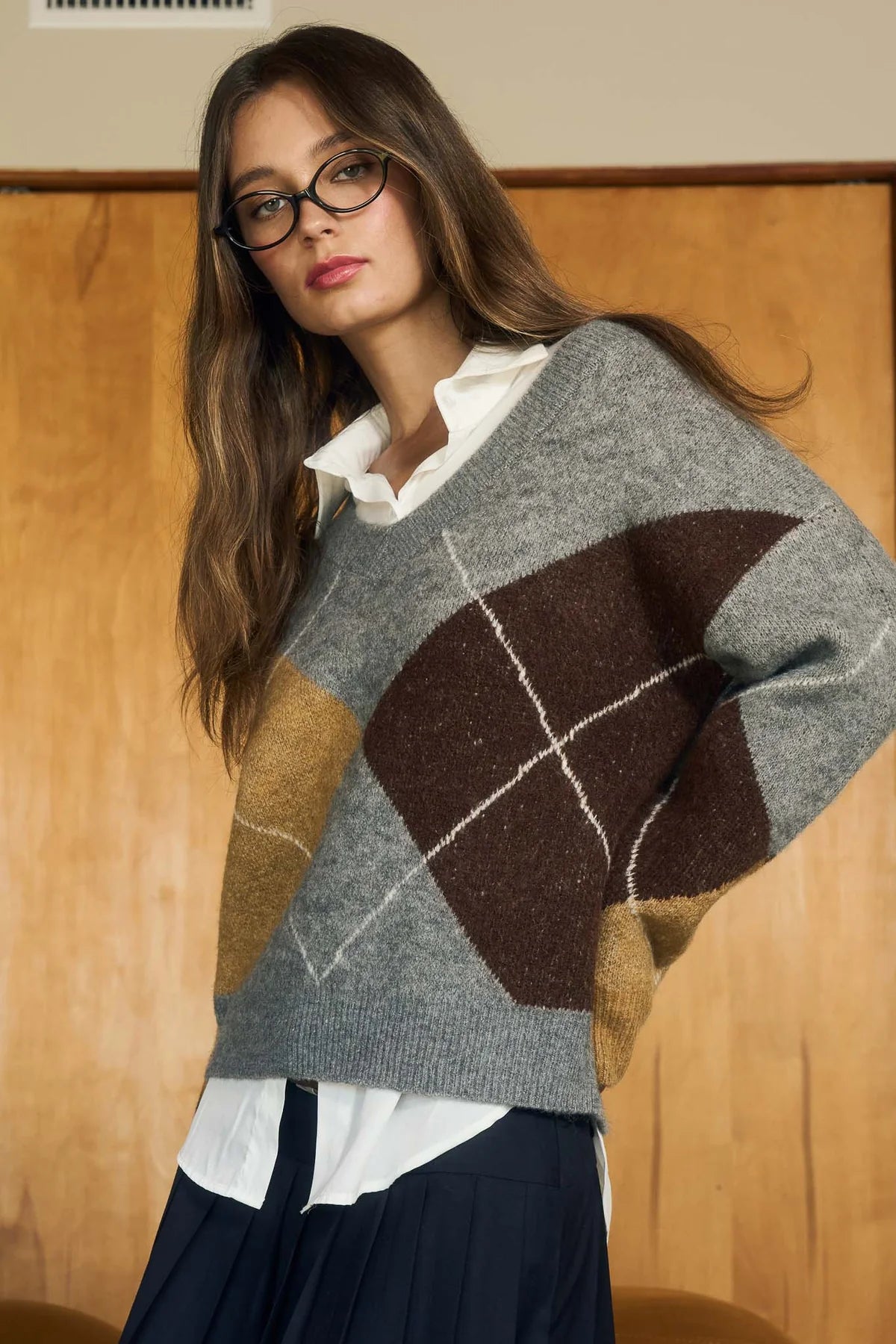 Argyle V Neck Long Sleeve Pullover Sweater