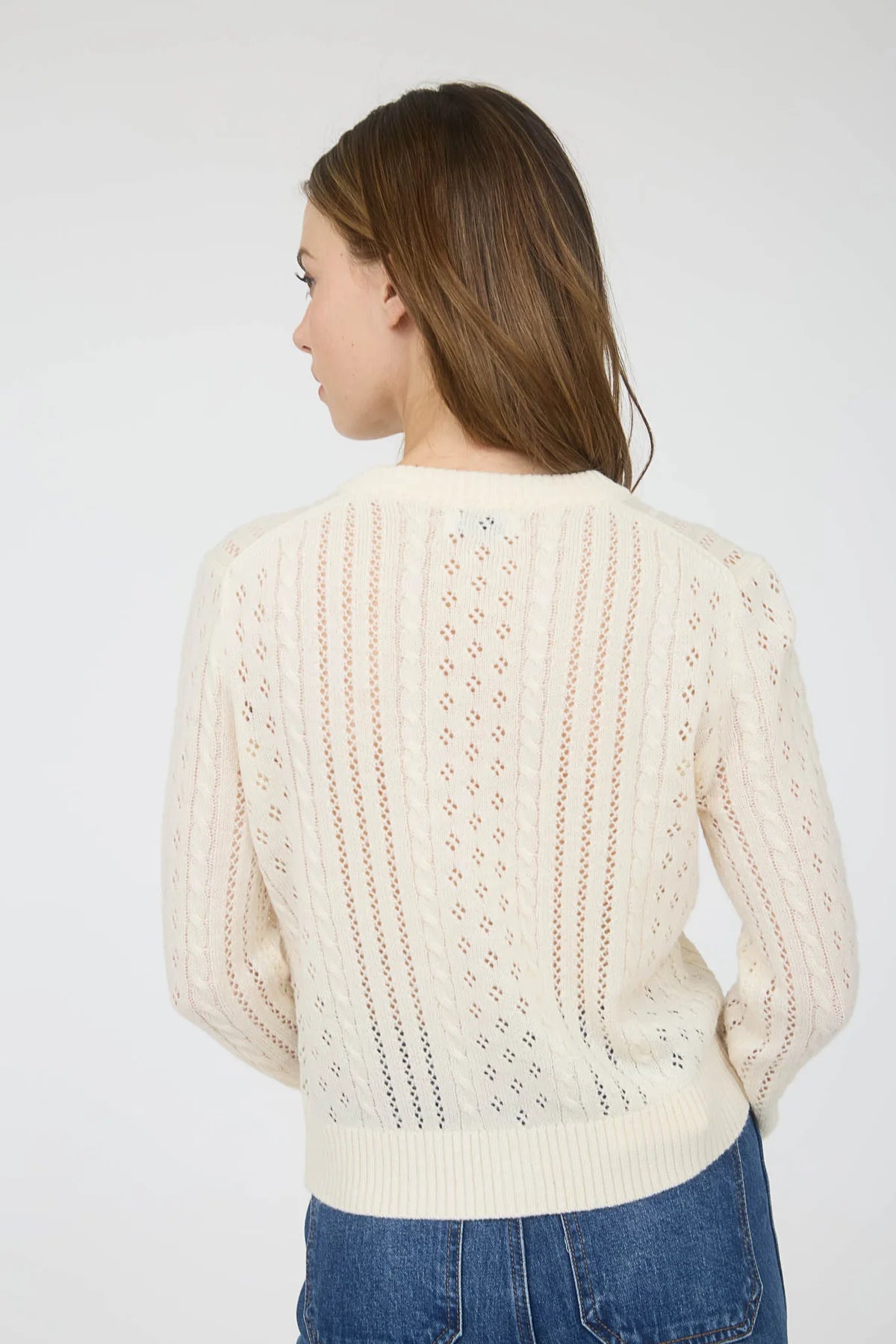 Sheer Cable Knit Long Sleeve Button Down Cardigan