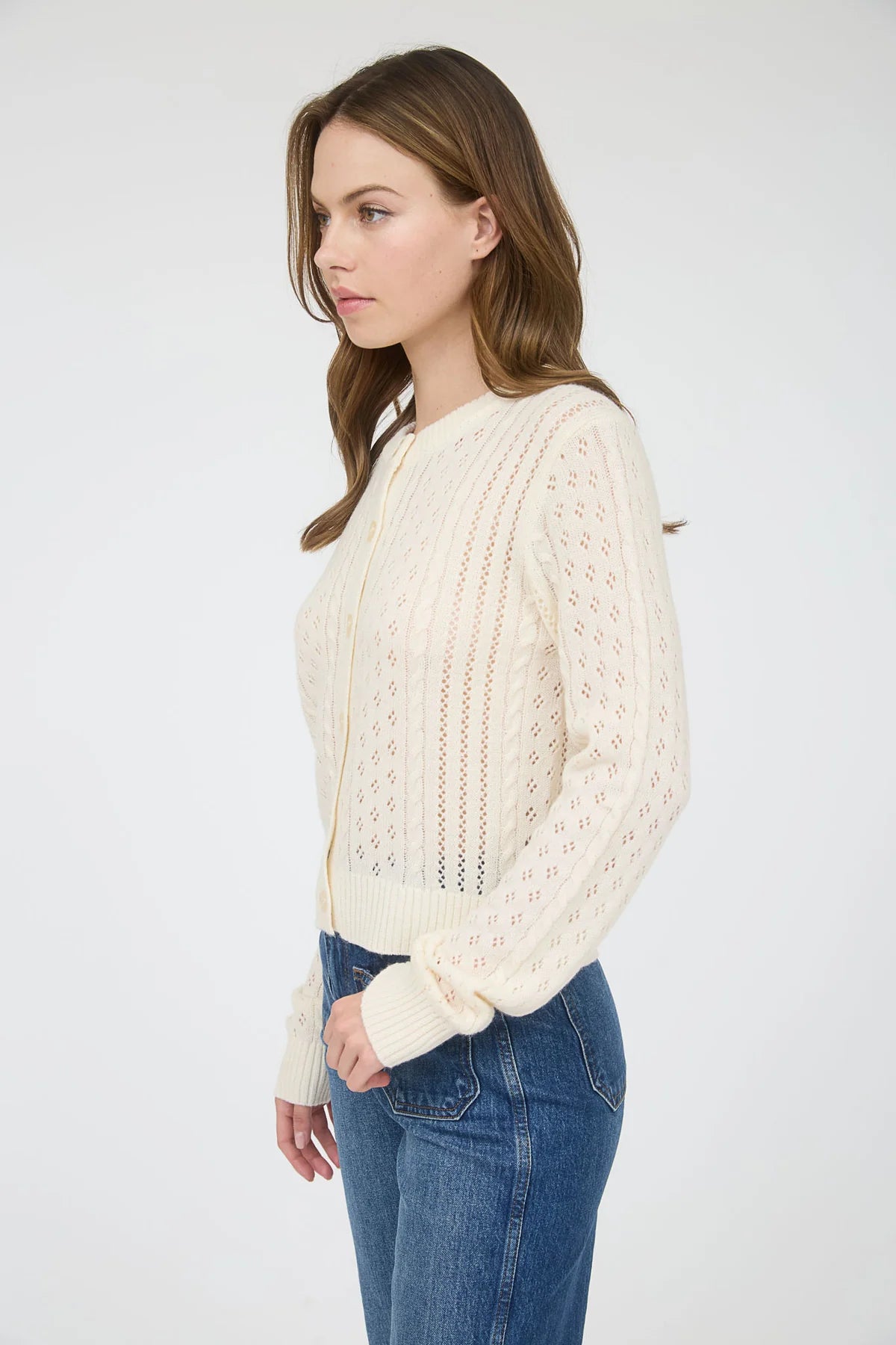 Sheer Cable Knit Long Sleeve Button Down Cardigan