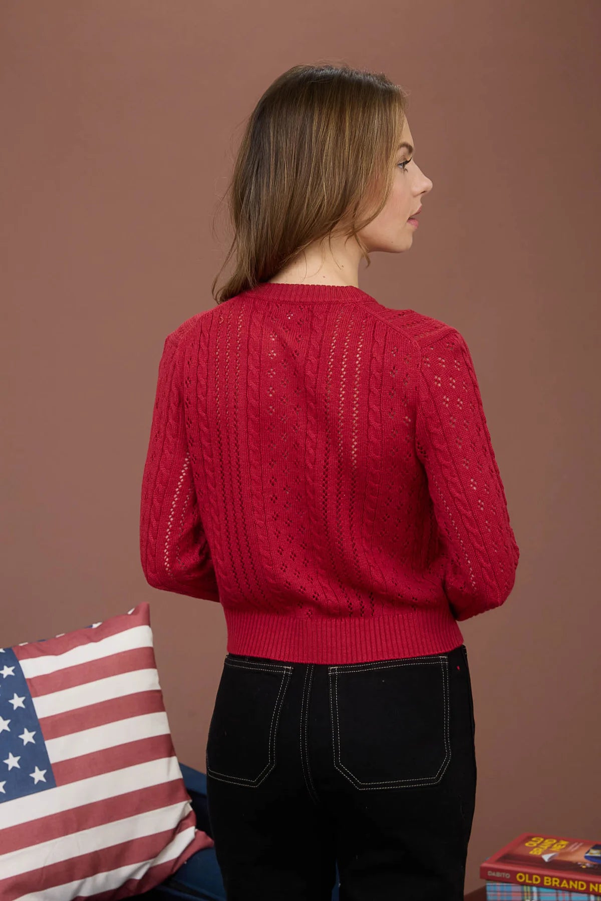 Sheer Cable Knit Long Sleeve Button Down Cardigan