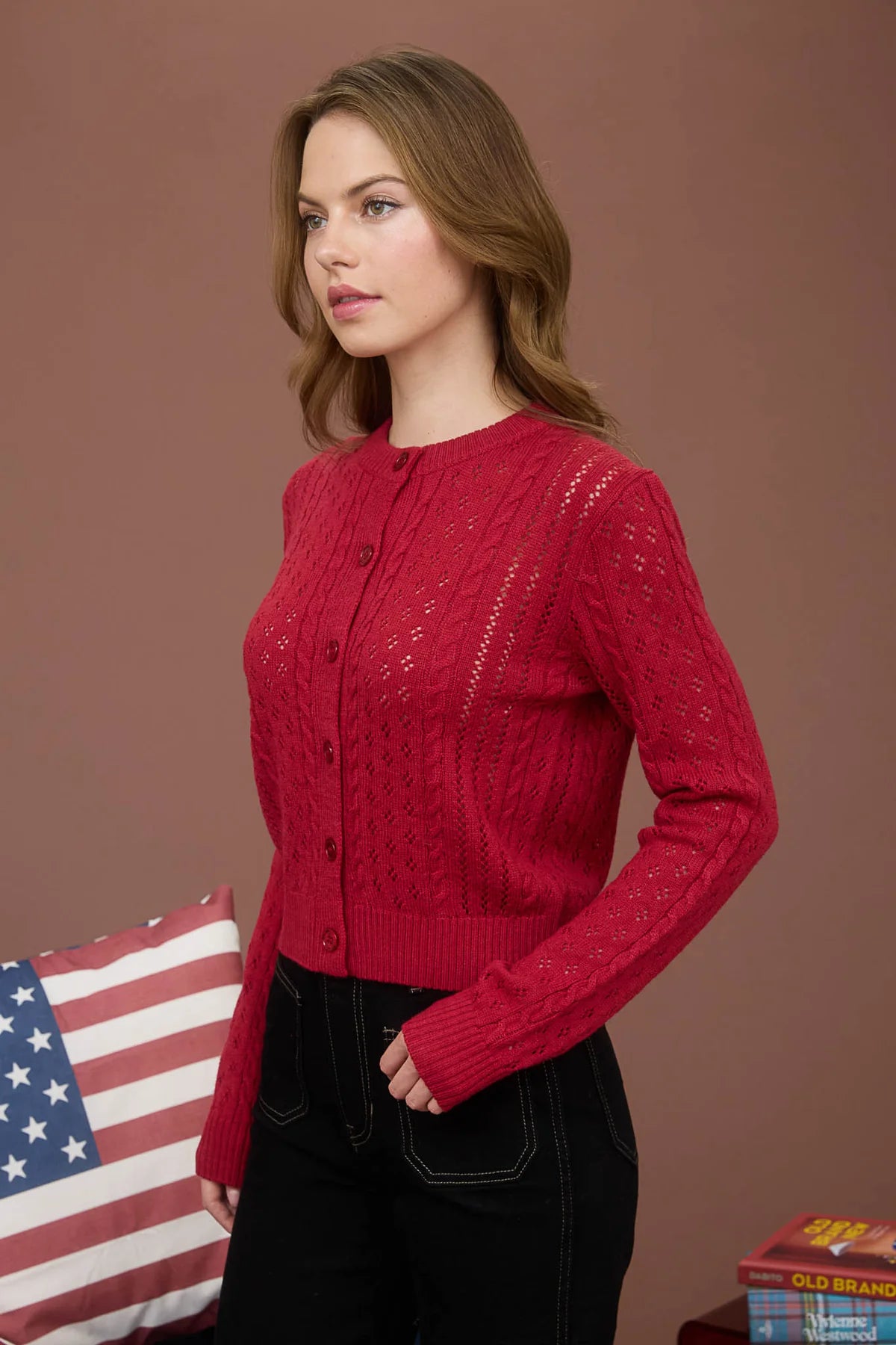 Sheer Cable Knit Long Sleeve Button Down Cardigan