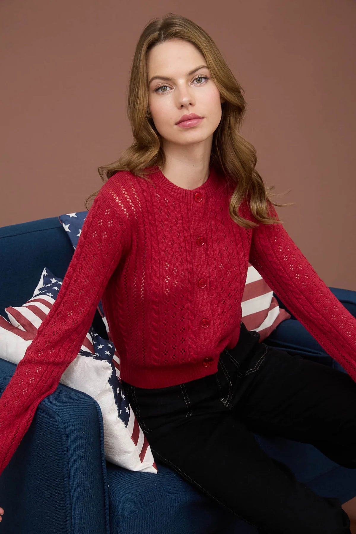 Sheer Cable Knit Long Sleeve Button Down Cardigan