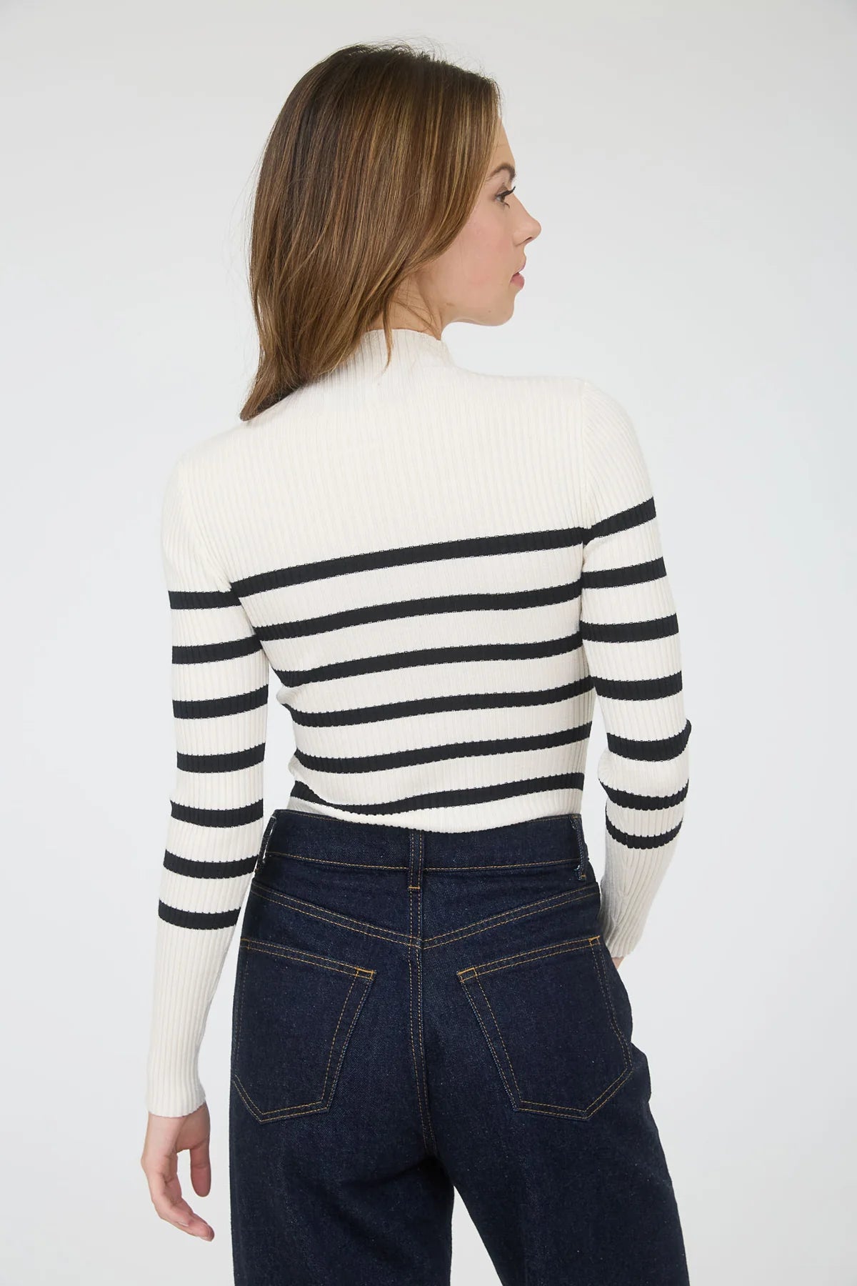 Mock Neck Stripe Long Sleeve Sweater Knit Pullover