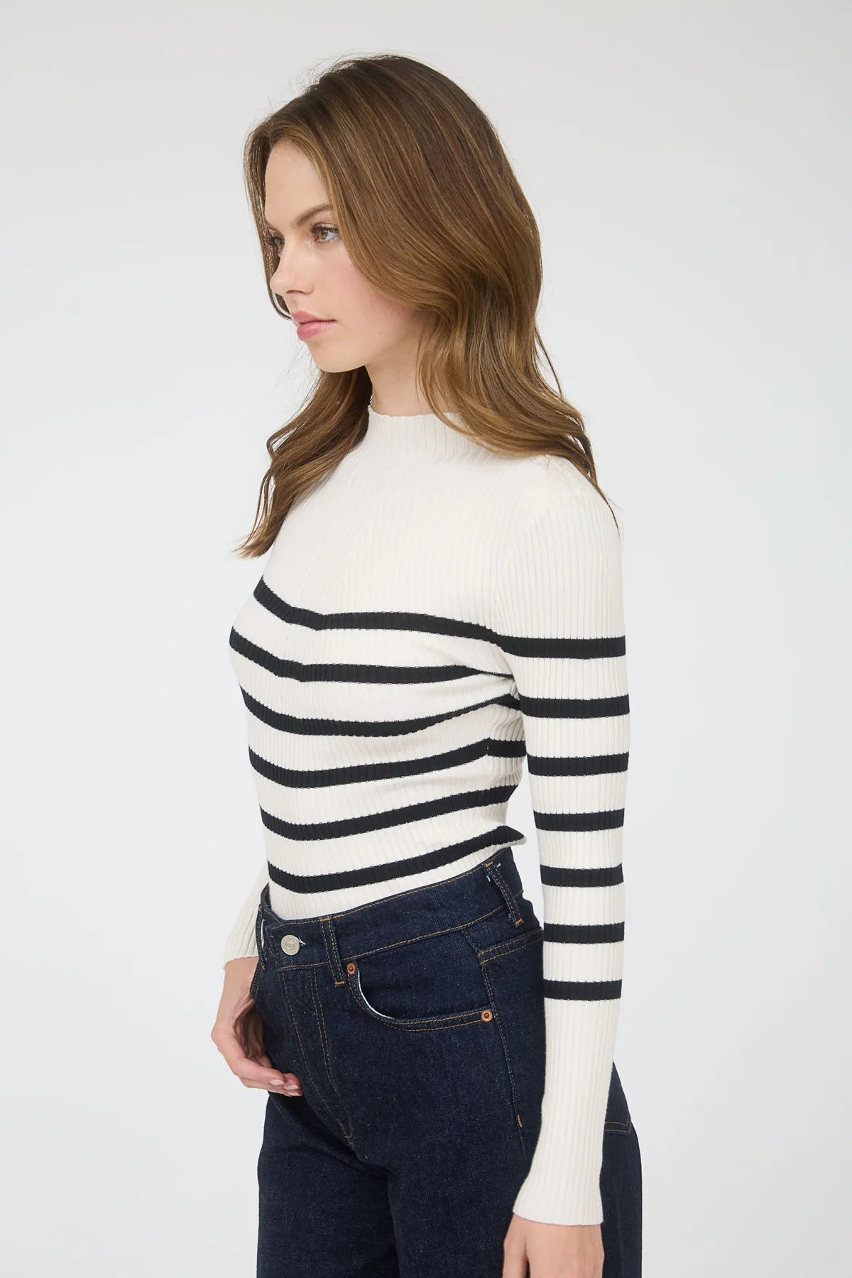 Mock Neck Stripe Long Sleeve Sweater Knit Pullover