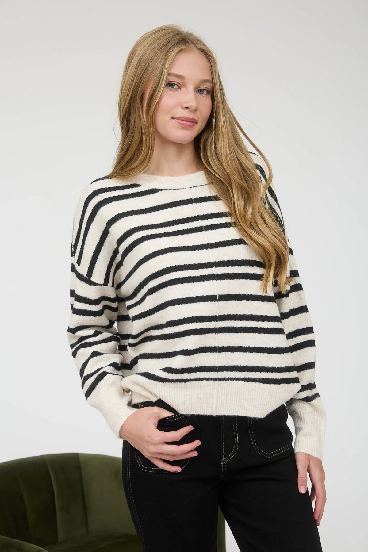 Stripe Front Seam Detail Long Sleeve Sweater