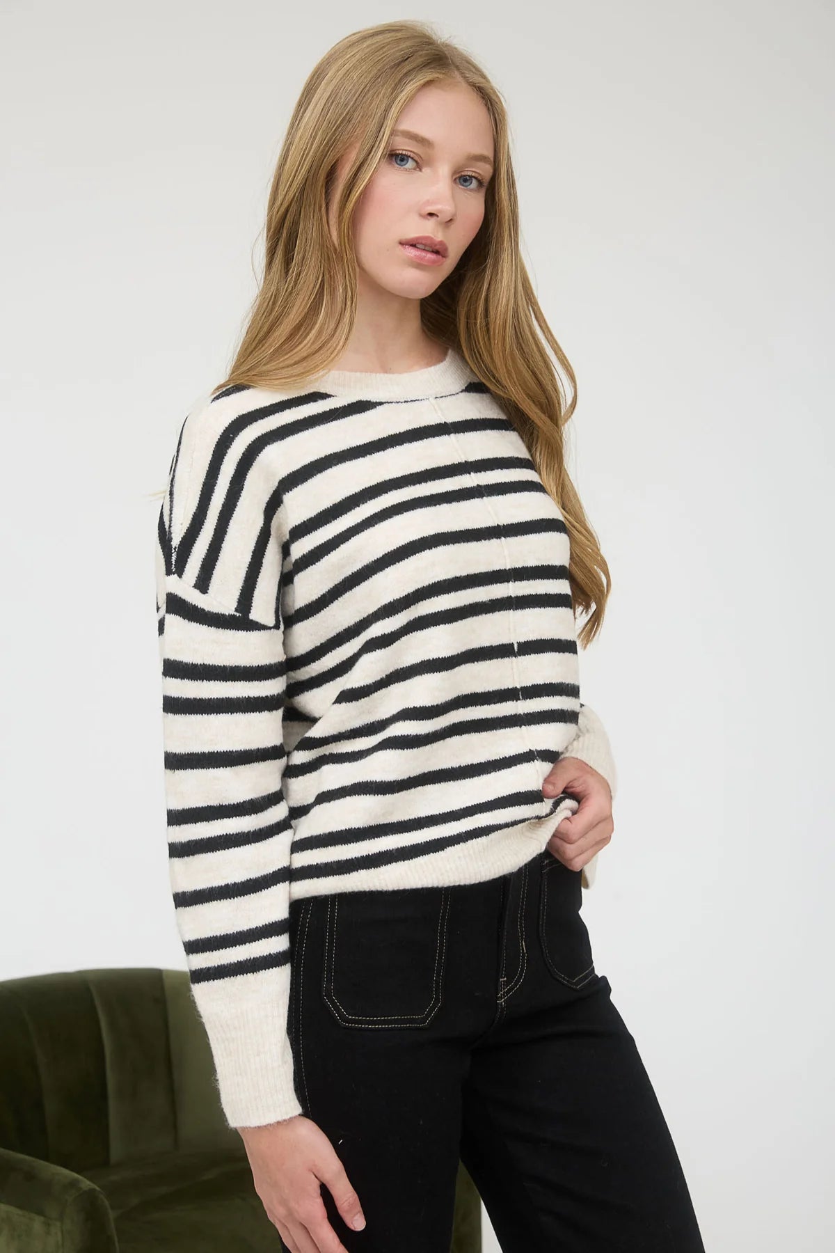 Stripe Front Seam Detail Long Sleeve Sweater