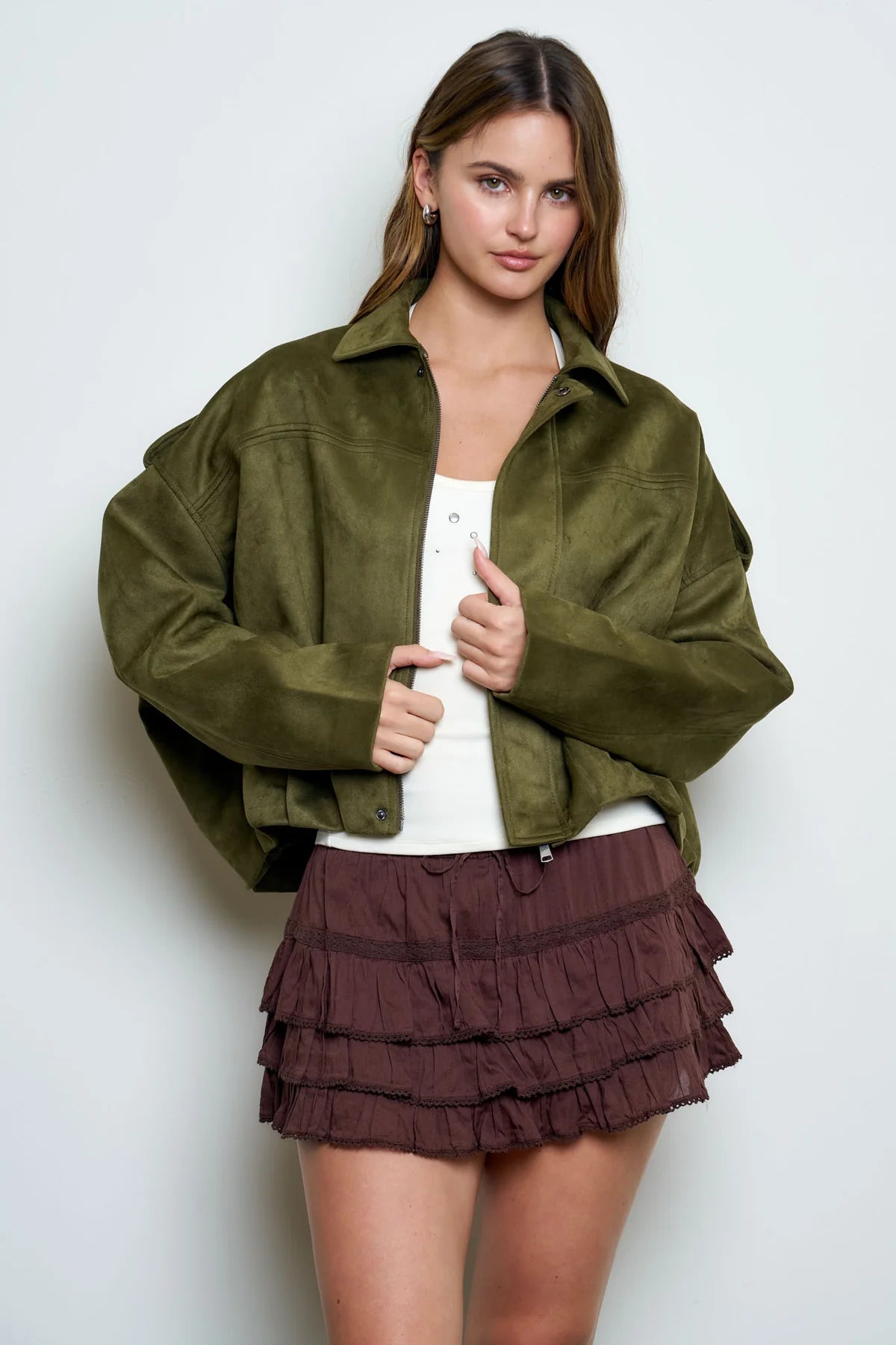 Suede Epaulet Collared Zip-Up Cropped Jacket