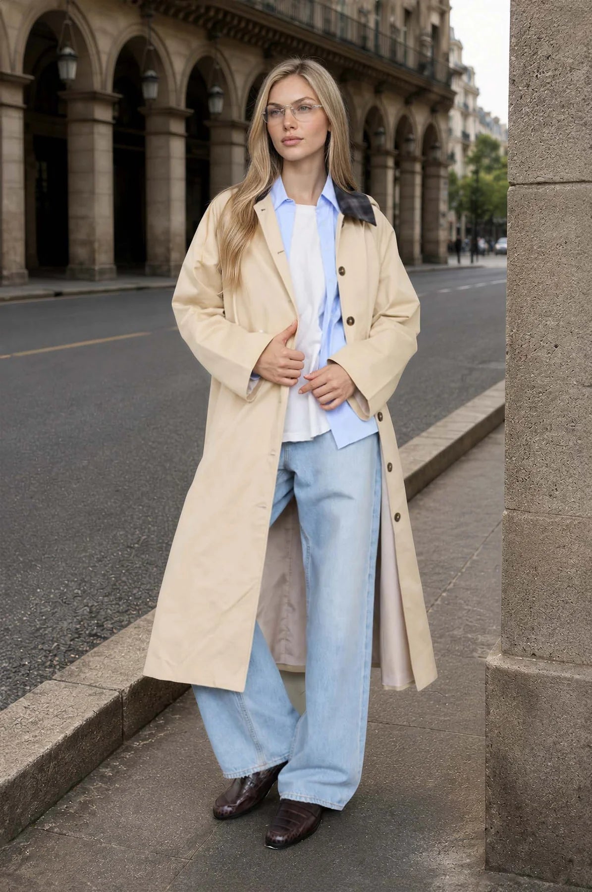 Plaid Collor Hooded Long Coat