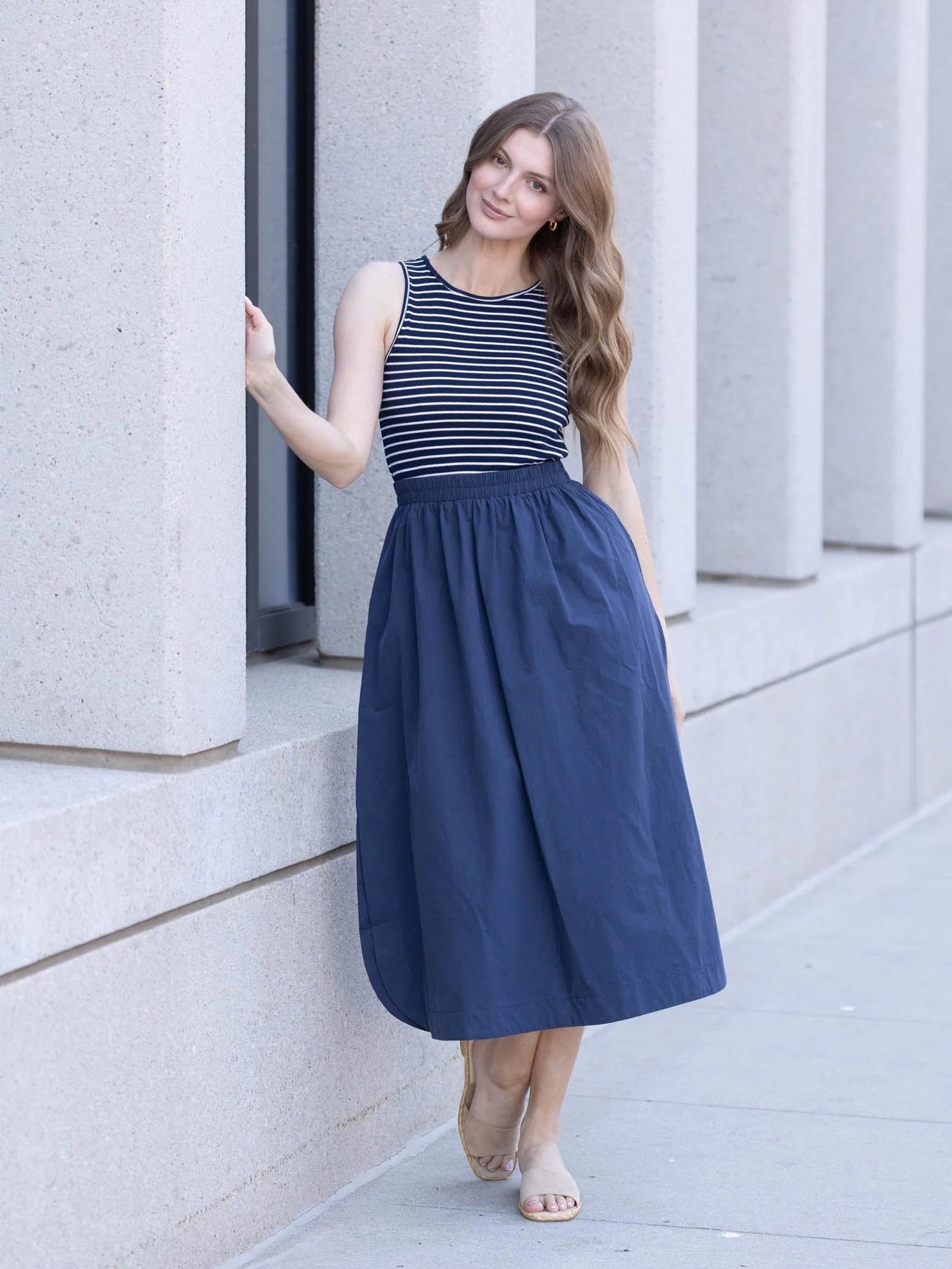 Striped Knit Tank Contrast Woven Elastic Waist Midi Dress