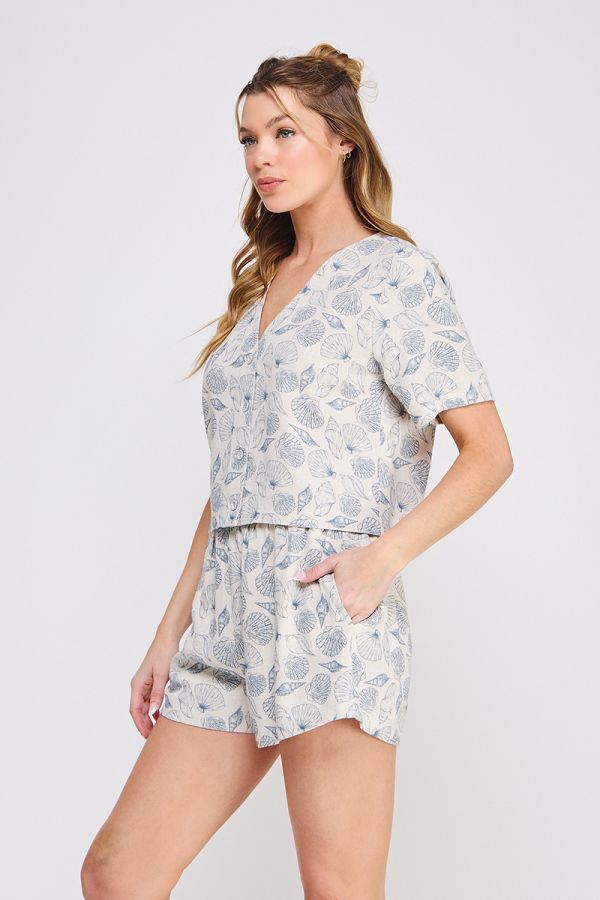 Seashell Printed Linen V-Neck Button Up Sleeveless Top