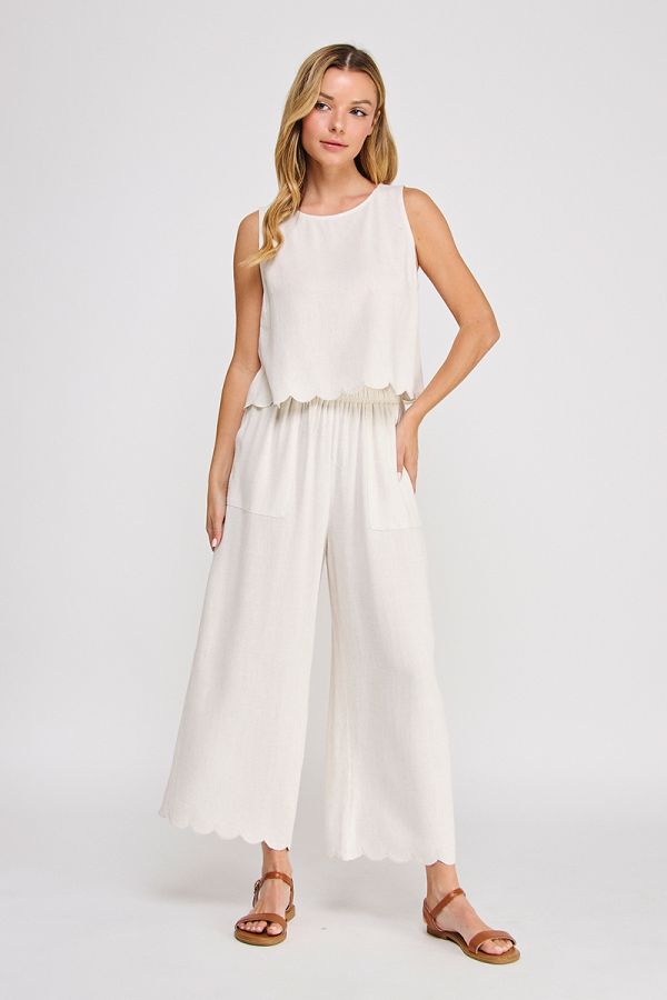 Soft Linen Blend Scallop Hem Elastic Waist Pant