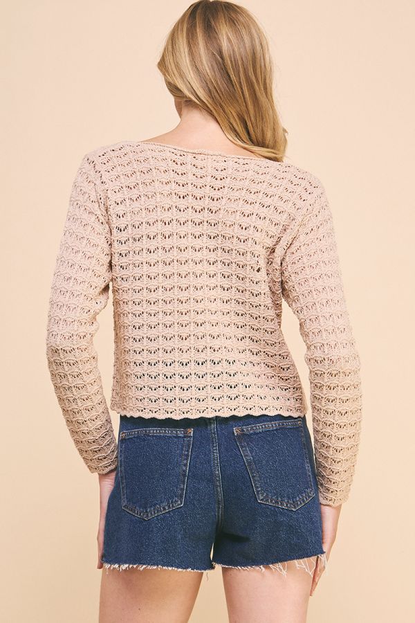 V-Neck Pointelle Sweater Top w/ Scallop Hem
