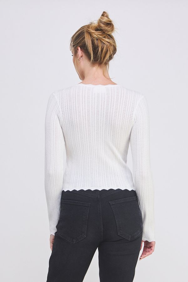 Soft Fine Gauge Pointelle Henley Sweater w/ Scalloped Edge Details