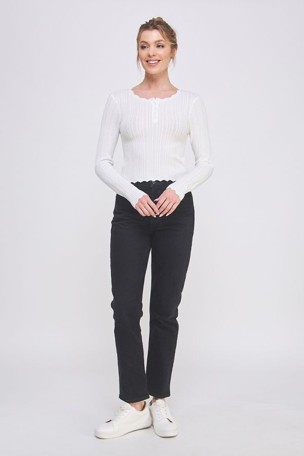 Soft Fine Gauge Pointelle Henley Sweater w/ Scalloped Edge Details