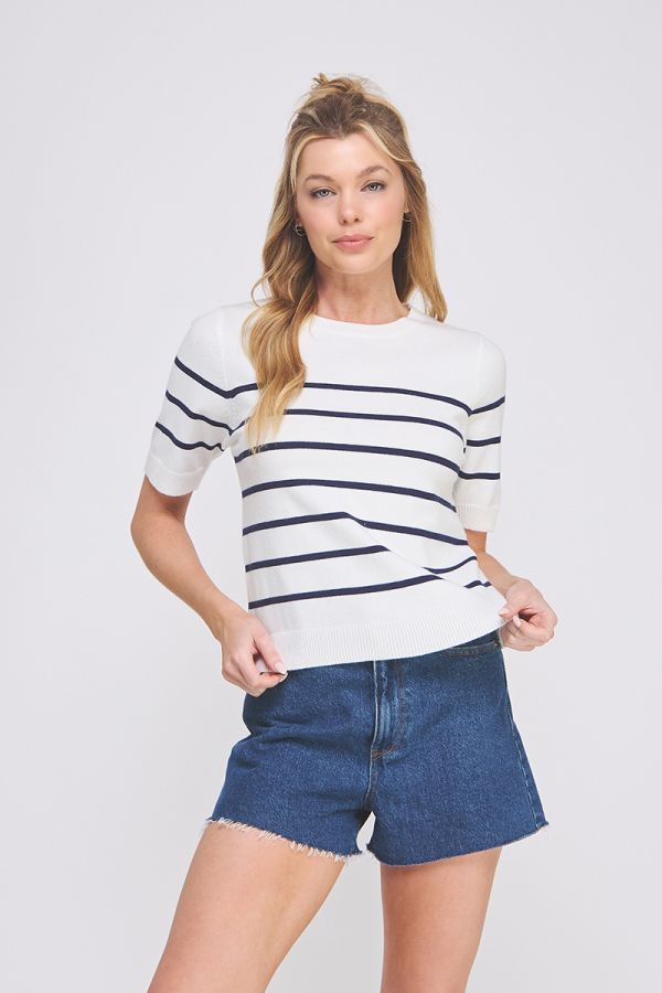 Soft Fine Gauge Short Sleeve Preppy Striped Top