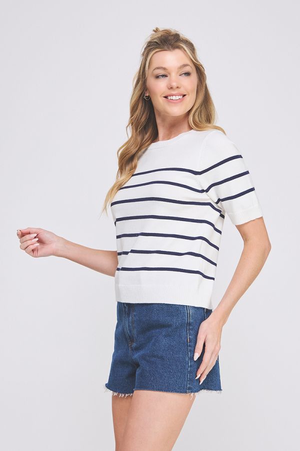 Soft Fine Gauge Short Sleeve Preppy Striped Top