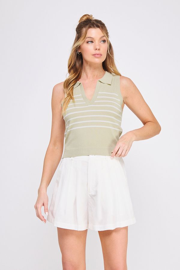 Striped Knit Polo Tank Top