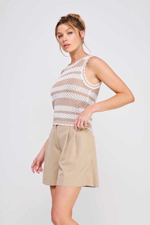 Striped Crochet Knit Tank Top w/Scallop Edges