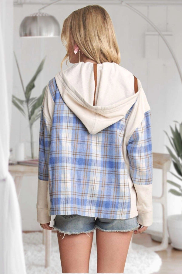 Button Down Plaid Casual Hoodie Shacket