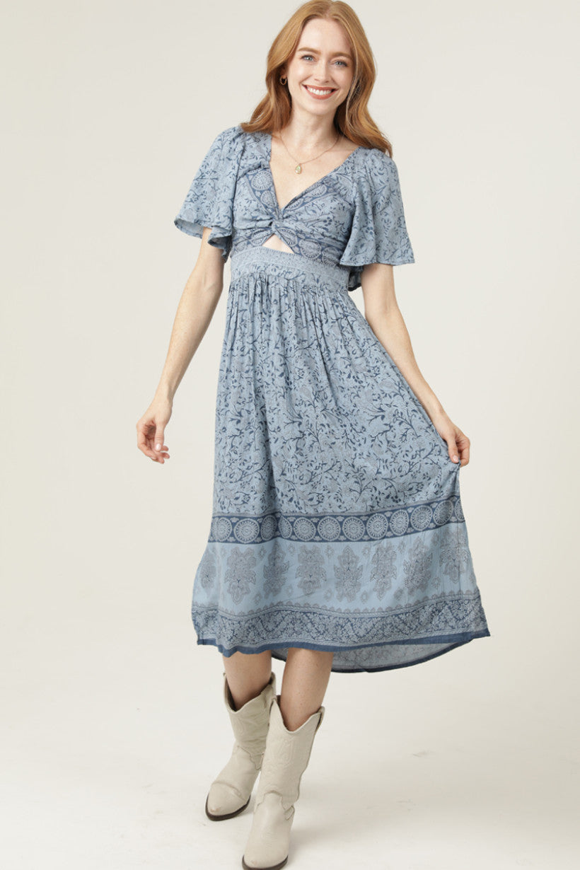 V Neck Key Hole Front Flatter Sleeve Maxi Dress