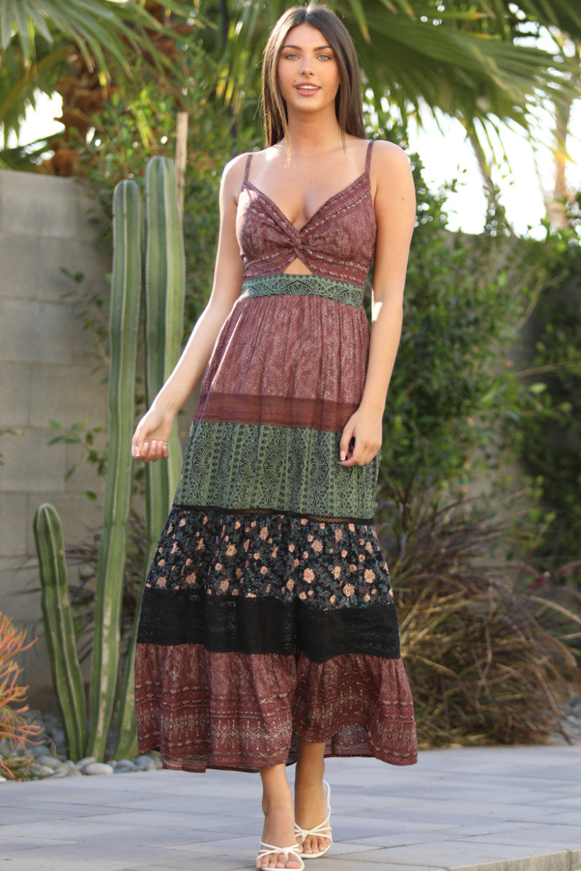 Twist Front Spaghetti Strap Maxi Dress Sage/Wine/Black / Large Twist Front Spaghetti Strap Maxi Dress Sage/Wine/Black / Large