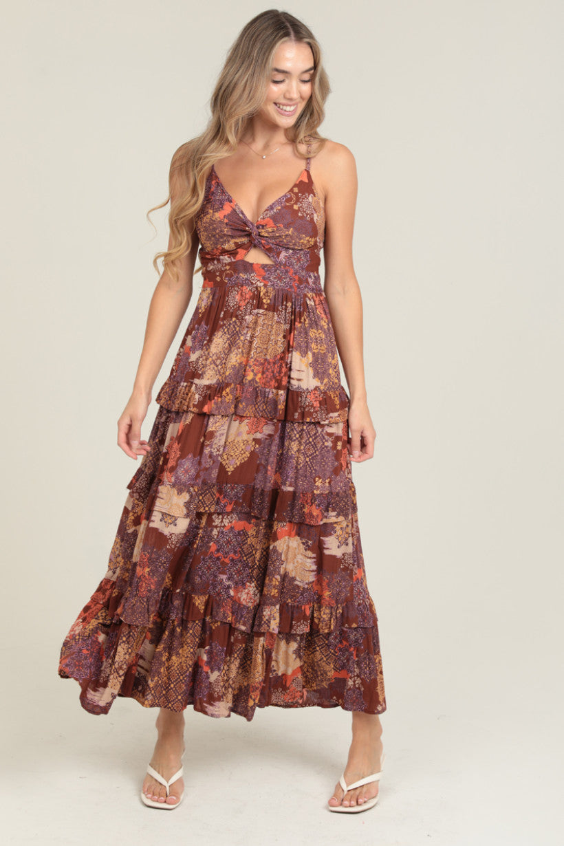 V Neck Spaghetti Strap Tiered Maxi Dress Brown / Large V Neck Spaghetti Strap Tiered Maxi Dress Brown / Large