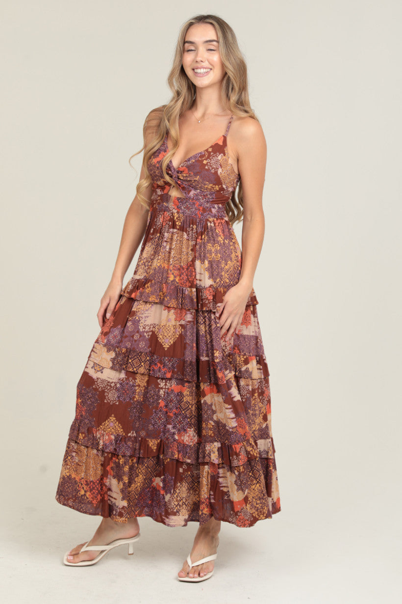 V Neck Spaghetti Strap Tiered Maxi Dress
